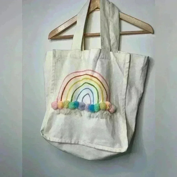 Handmade Rainbow Illustration Canvas Shoulder Bag Oversized  Tote Boho Travel - Picture 8 of 11